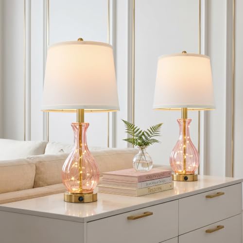 Pink Glass Table Lamps with Fairy Lights for Bedroom Nightstands - Set of 2