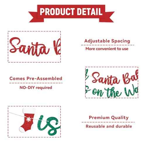 Santa Baby is on the Way Banner - Christmas Baby Shower Decorations, Winter New Year Birthday Party Decorations, Red & Green Glitter
