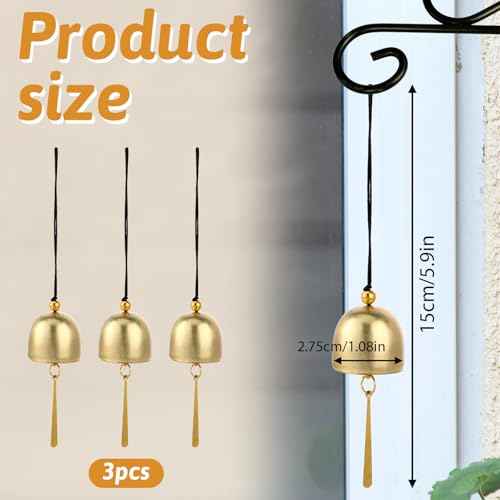 3Pcs Small Gold Plated Hanging Bells for Door Knob Window Home Pendant Wind Chime Camping Tent Fengshui Bell for Good Luck Wealth and Safe Window for DIY Christmas Tree Home Garden Hanging Decoration