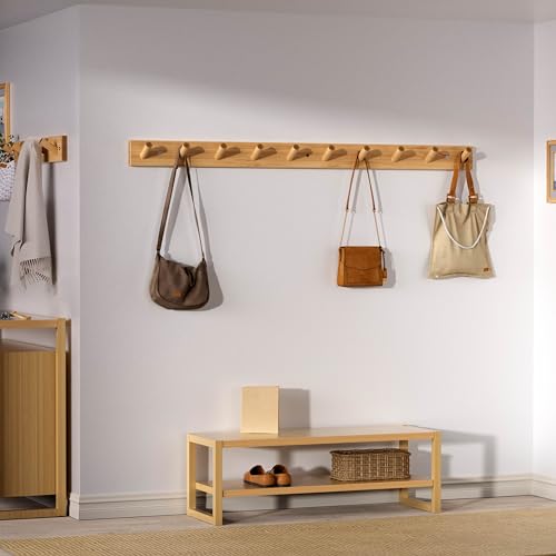 Wall Mounted Coat Rack 38 Inch Bamboo with 10 Hooks - Natural Shaker Style - Variation: Bamboo Gold / 38 Inch / 1