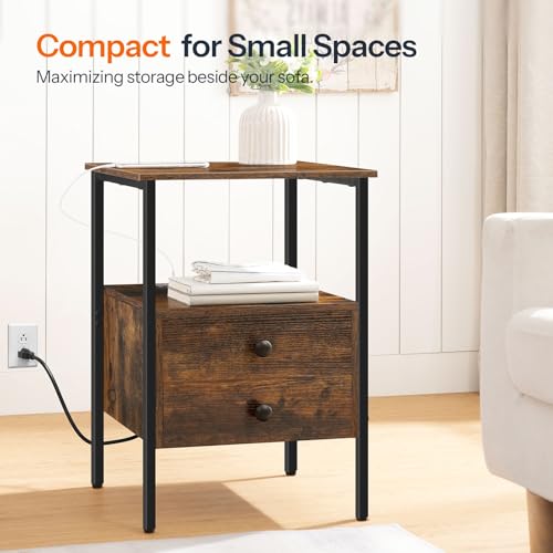 HOOBRO End Table with Charging Station - Rustic Brown & Black Bedside Table with Drawers