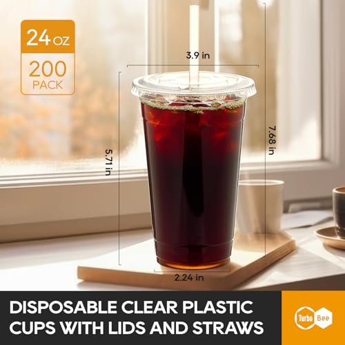 Turbo Bee 24 oz Clear Plastic Cups with Lids & Straws - 200 Disposable To Go Drinkware