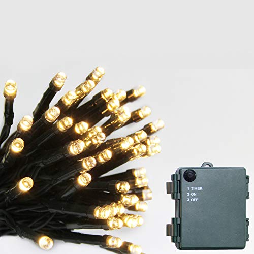 Warm White 50 LED Christmas String Lights with Timer, Battery Operated