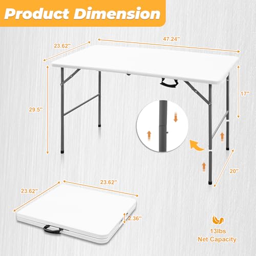 4ft Portable Folding Table - Indoor Outdoor Plastic Dining & Picnic Table with Handle