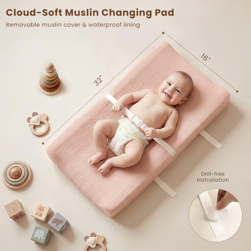 Konssy Baby Changing Pad Set with Waterproof Lining & 2 Muslin Covers - Rectangle Blossom Pink