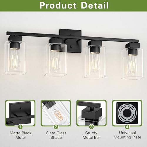 Espird 4-Light Matte Black Bathroom Vanity Light Fixture - Square Design, UL Certified, Over Mirror Farmhouse Lighting, Black