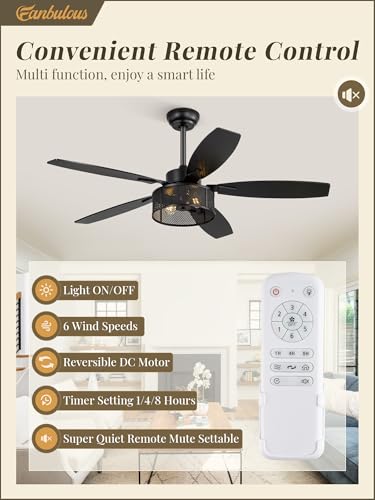 Fanbulous 52 Inch Black Farmhouse Flush Mount Ceiling Fan with Light & Remote - Rustic Caged Design