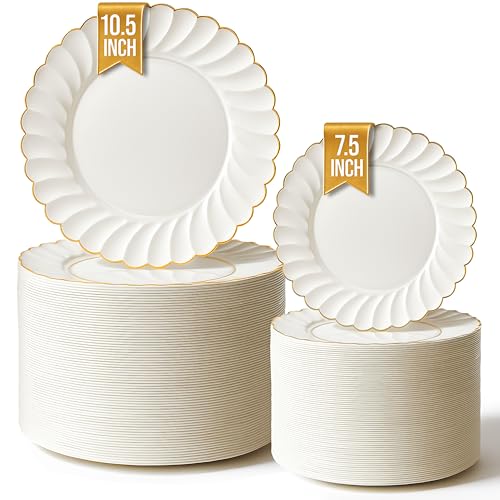 Disposable Ivory & Gold Scalloped Plastic Plates - Heavy Duty 100 Pack - Elegant Holiday & Party Dinnerware