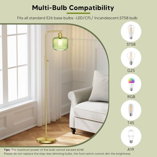 Dimmable Gold Floor Lamp with Green Ribbed Glass Shade - 66" Tall, Karjoefar