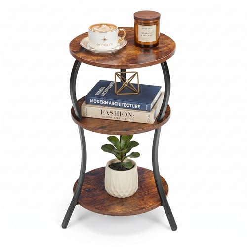 YEAKOO Rustic Brown 3-Tier Small Round Side Table - Vintage Modern End Table