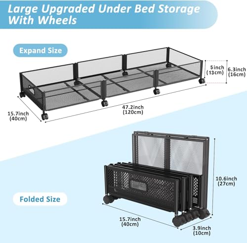 Nonkky 2-Pack Large Under Bed Storage Drawers with Wheels - Foldable Metal Containers for Shoes, Clothes, Toys, 47.2x15.7 Inches