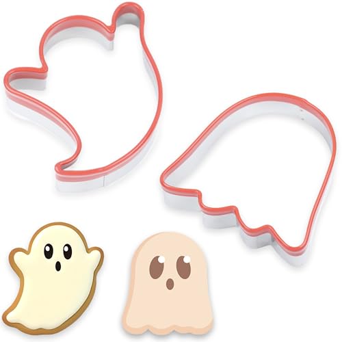 COOKIEQUE 2-Piece Halloween Ghost Cookie Cutters - Food-Grade Stainless Steel, Red Top Edge