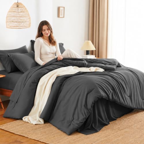 HIMEET Queen Comforter Set Dark Grey 7-Piece Bed in a Bag - Soft & OEKO-TEX Certified