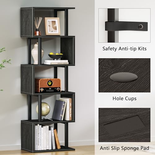 Black Light Black Oak 6-Tier S-Shaped Geometric Bookcase - Modern Display Shelf