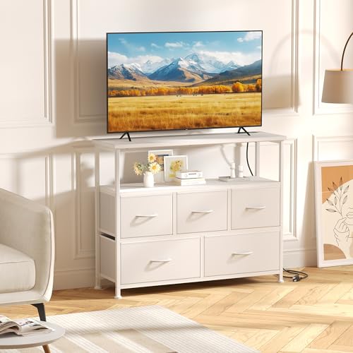 DUMOS TV Stand with 5 Fabric Drawers, Built-in Charging Station & Open Shelf