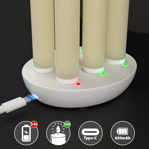 Ivory Rechargeable Flameless Taper Candles with Remote & Charging Base, 6 Pcs