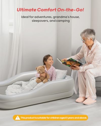 QPAU Inflatable Toddler Travel Bed with 3-Sided Bumpers, Extra Large Gray