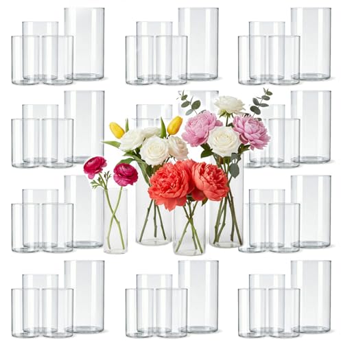 48pcs Glass Cylinder Vases Set - 4, 5, 6 Inch Clear Flower & Candle Holders with Variation 4+4+5+6 Inch