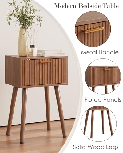 ASACESCU Walnut Night Stand Set of 2 with Fluted Doors - Modern Bedroom Furniture