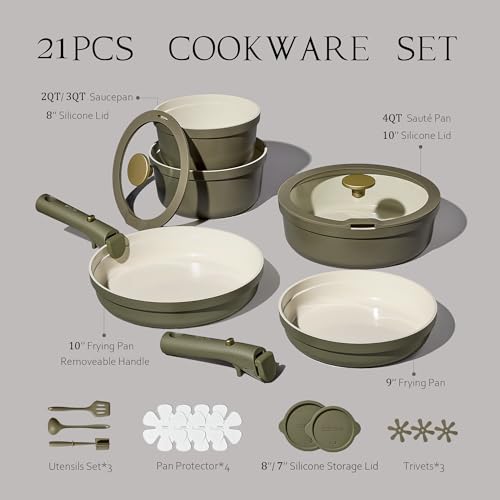 Green Ceramic Cookware Set 21 Pieces Nonstick Pots and Pans - Safe & Space Saving