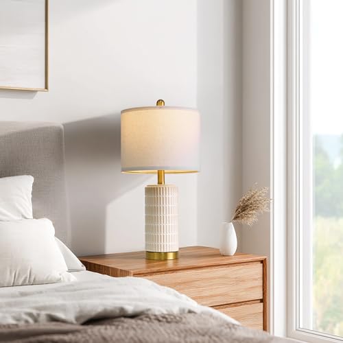PoKat 21.5'' Small Bedside Lamp with USB Ports - White & Beige Nightstand Lamp for Bedroom & Living Room