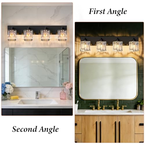 Black Crystal Bathroom Vanity Light - 4-Light Modern Wall Sconce with Square Shade - Matte Black Fixture