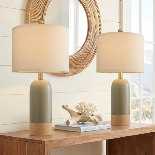 PoKat 24-Inch Hand-Textured Green & Earthy Yellow Ceramic Farmhouse Bedside Lamps Set of 2 - Matte Finish