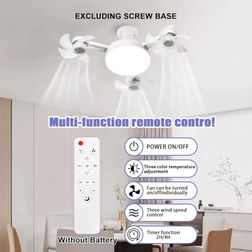 E26/E27 Socket Ceiling Fan with Remote, Dimmable LED Light and 3 Mini Fans