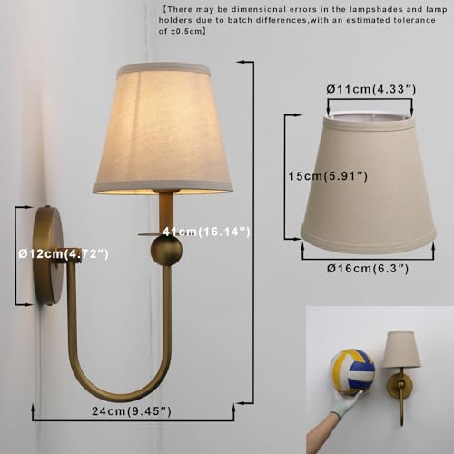 Set of 2 Brass Linen Fabric Shade Wall Sconces - Antique Industrial Style