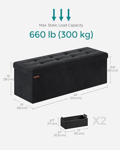 INK Black Velvet Storage Ottoman Bench - Foldable Foot Rest, 43 Inches