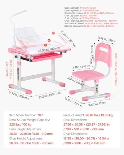 Kids Study Desk and Chair Set with Tilting Desktop, Table Lamp & Adjustable Height - Pink