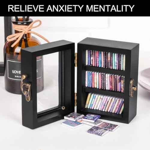Anxiety Mini Bookshelf Miniature Library Decor with 60pcs Mini Books£¬Small Bookshelf Decoration for Book Lovers,Relieving Gifts to Get Rid of Your Anxiety (Black)