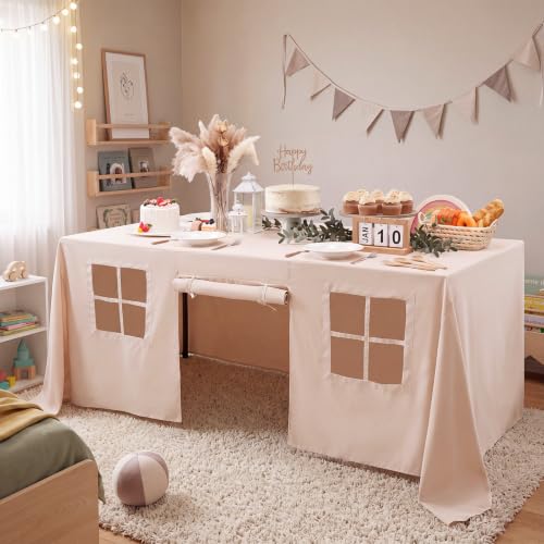 Large Kids Playhouse Tablecloth - 10ft x 7.5ft Beige Play Fort with Windows & Doors