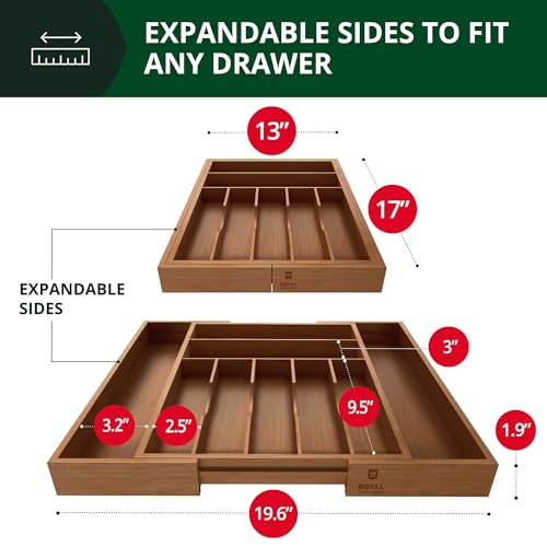 Brown Bamboo Expandable Kitchen Drawer Organizer - Silverware & Utensil Tray with Grooved Dividers, 9 Slots