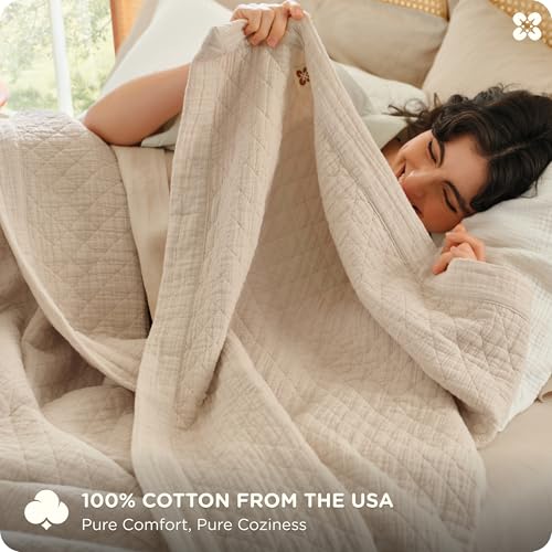 Bedsure Cotton Muslin Blanket Queen Linen Beige 8-Layer Breathable Comfort