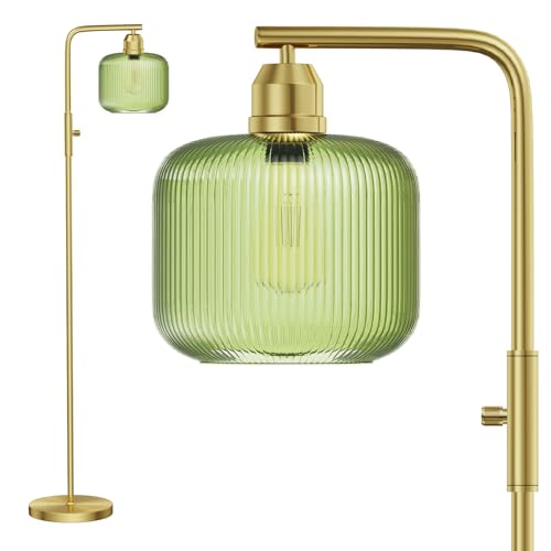 Dimmable Gold Floor Lamp with Green Ribbed Glass Shade - 66" Tall, Karjoefar