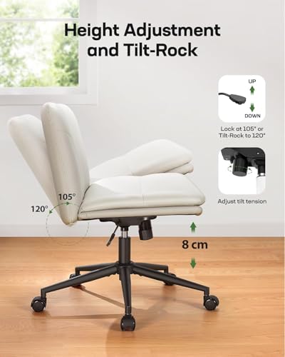 Armless Office Desk Chair with Wheels - PU Leather Wide Swivel Task Chair, Adjustable, Light Beige