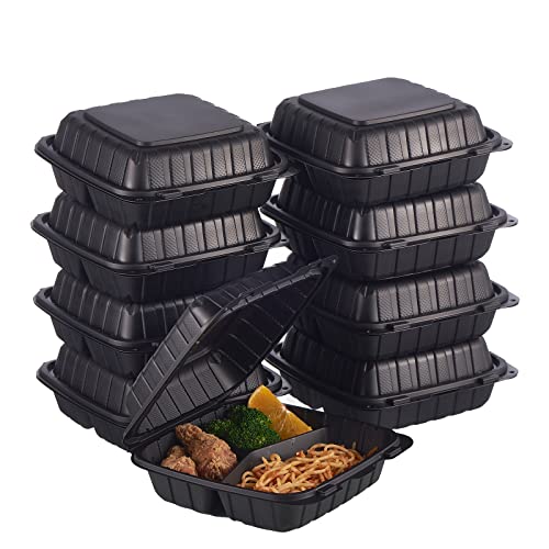 Jaluxing 8X8 3-Compartment Plastic Takeout Food Trays - 50 Pack, Heavy Duty Hinged Containers with Secure Snap Lid - Variation JLX--PP883B-3C