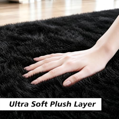 Black 6x9 ft Shag Area Rug for Living Room & Bedroom - Modern Soft Fluffy Carpet
