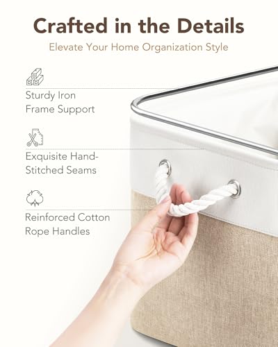 White Khaki 13x15x13 Inch Storage Bins with Cotton Rope Handles 6-Pack
