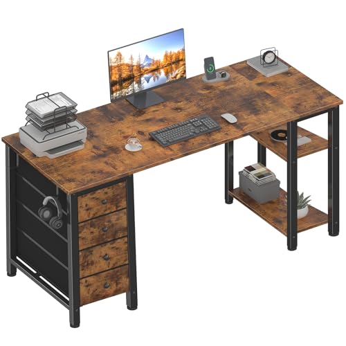 Lufeiya 63 Inch Rustic Brown Computer Desk with Storage Shelves & Fabric Drawers - Home Office Study Table