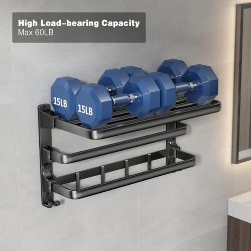 VOLDRA 24-Inch Matte Black Wall-Mounted Towel Rack with 2 Foldable Bars & Hooks