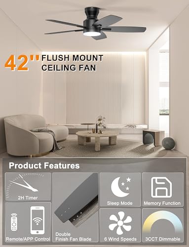 42-Inch Low Profile Ceiling Fan with Lights and Remote APP Control - Black