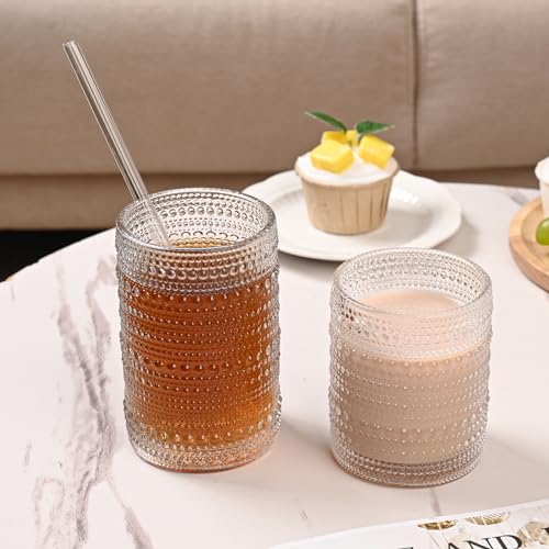 ZMOWIPDL Set of 12 Clear Hobnail Glass Drinking Cups 12oz & 15oz with Straws