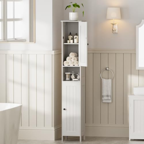 Tall Bathroom Storage Cabinet - White Slim 11.8W with 2 Doors - Homleke
