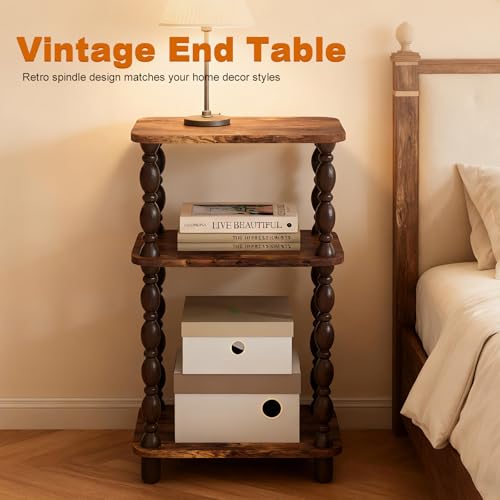 Retro End Table with 3 Tiers - Rustic Brown Narrow Side Table for Small Spaces - Farmhouse & Modern Accent Nightstand - Fxacyem Variation of Standard