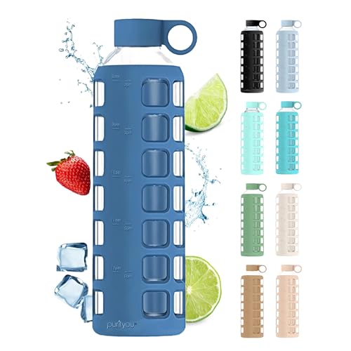 Purifyou 32oz Borosilicate Glass Water Bottle with Time & Volume Markers, Silicone Sleeve, Stainless Steel Lid – Chinese Porcelain Variant