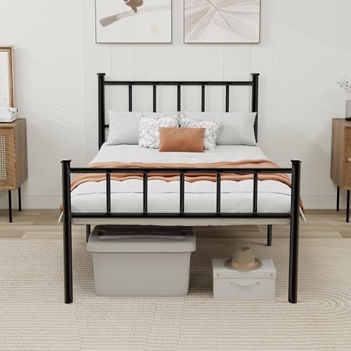 WJORATA Black Twin Size Metal Platform Bed Frame with Headboard & Storage
