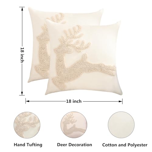 Tosleo Beige Christmas Reindeer Throw Pillow Covers 18x18 Set of 2 - Holiday Decor