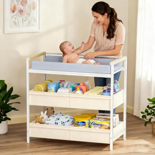 Baby Changing Table with Safety Bumpers & Adjustable Storage - Nursery Dresser